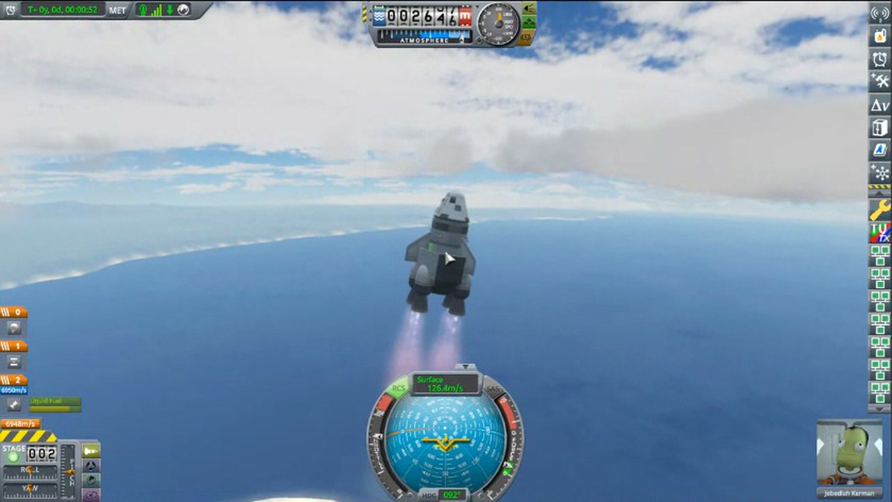 A GPT-5.5 test vehicle climbing over the ocean on Kerbin