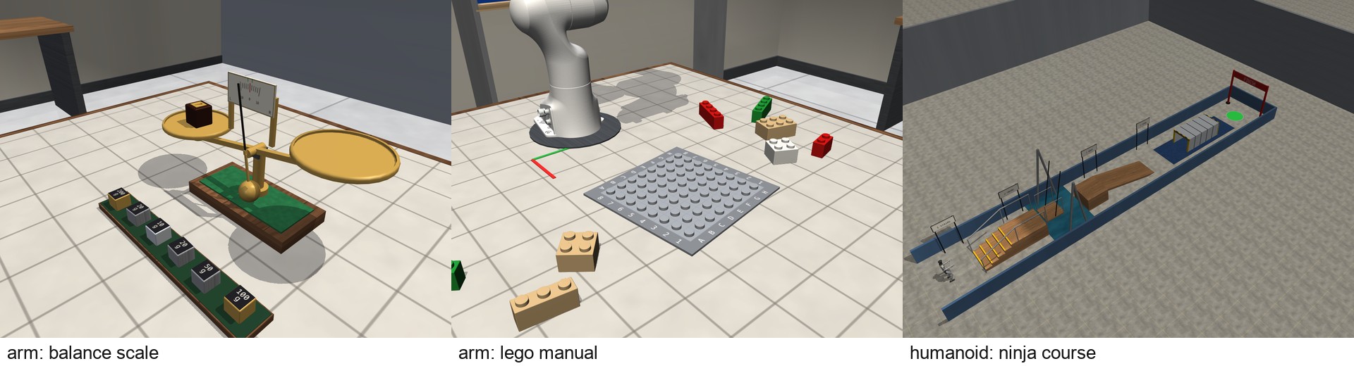 The three public example tasks: a beam balance scale with labelled weights, a lego baseplate with loose bricks, and a humanoid obstacle course with stairs, a swinging platform over water, a ramp and a crawl space