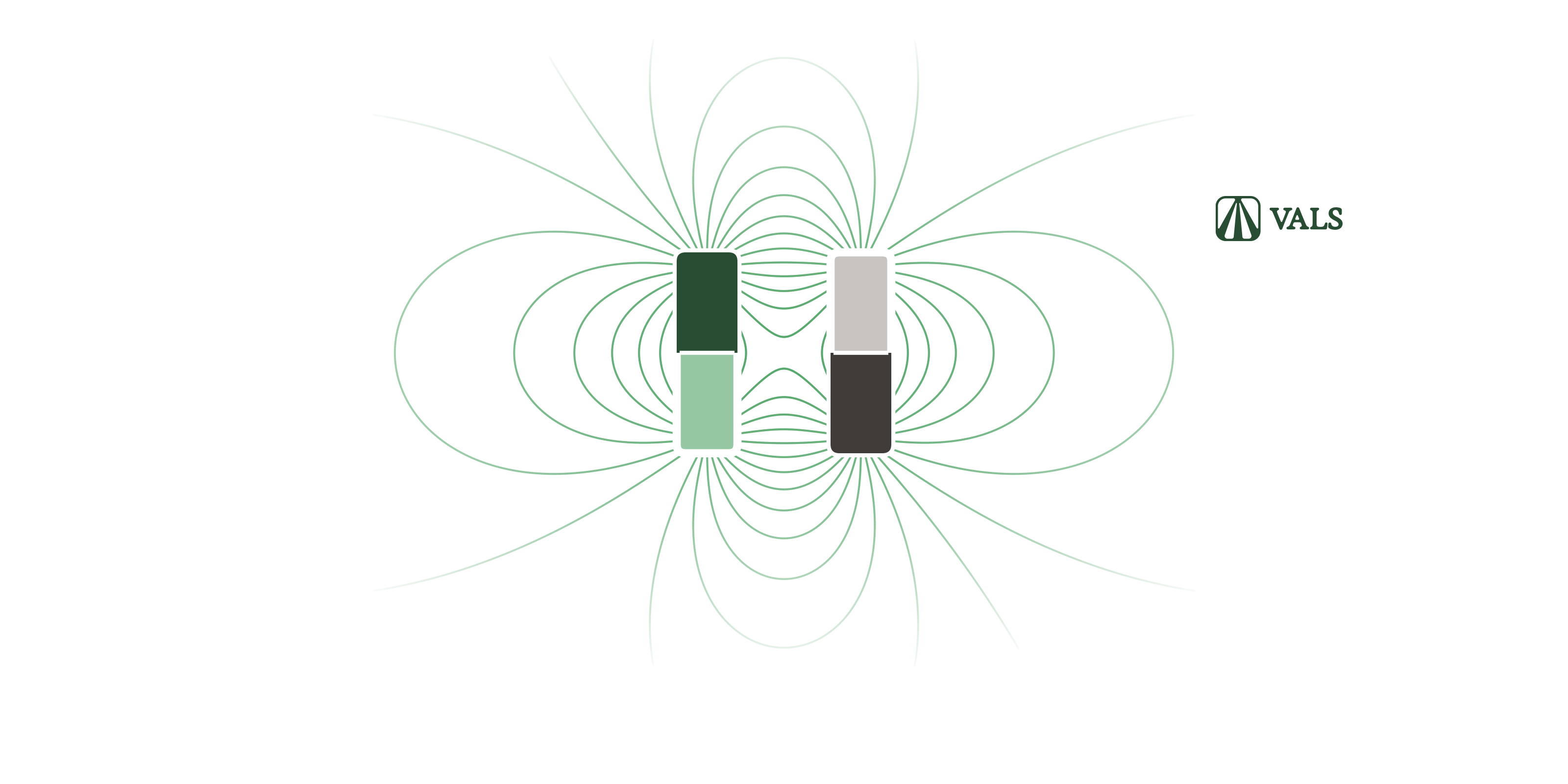Two bar magnets pointing opposite ways, one green and one gray, with their field lines looping into each other